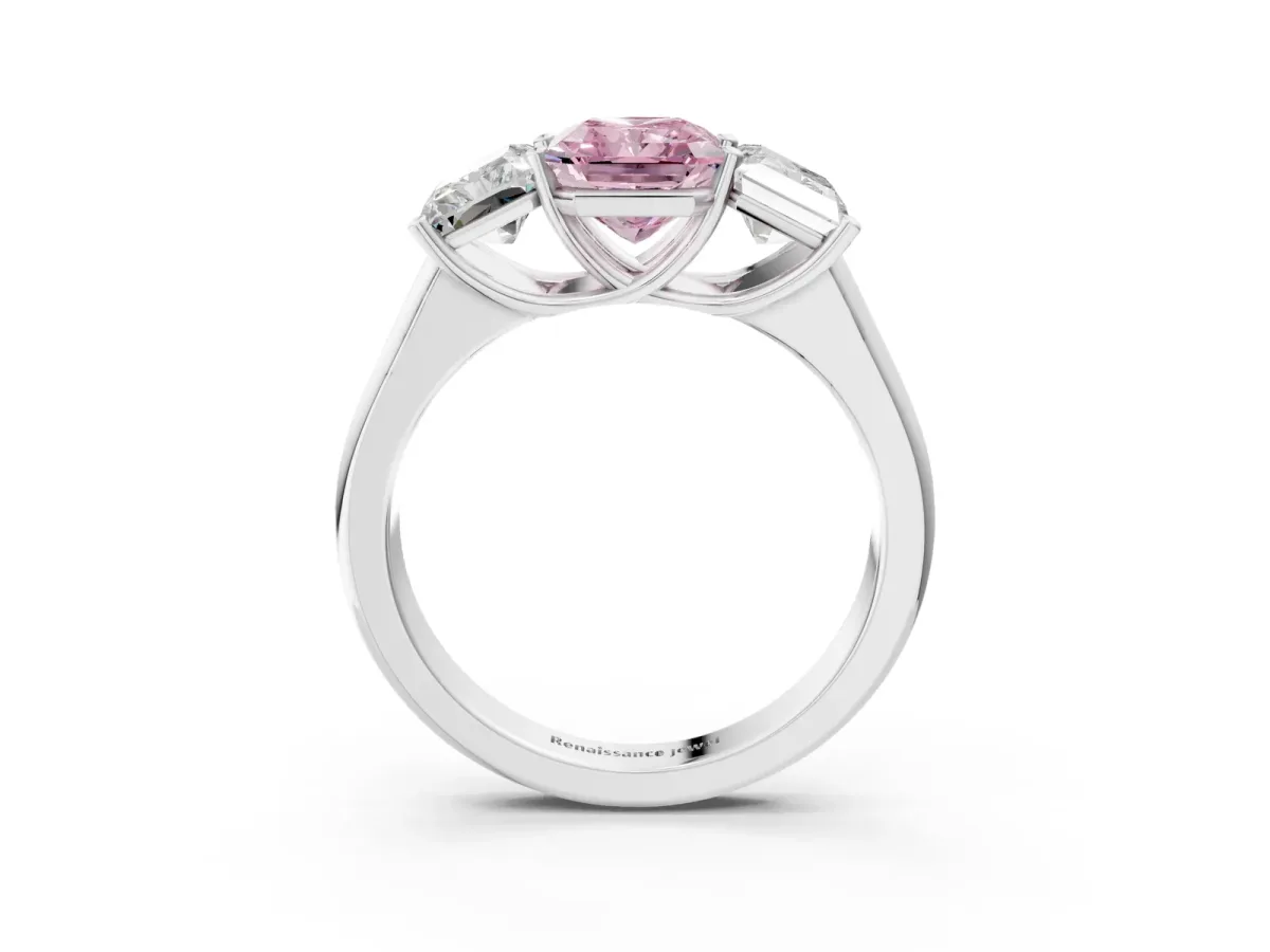 Fancy Pink Radiant Cut Three-Stone Diamond Ring with Prong Setting on a Classic Band Platinum