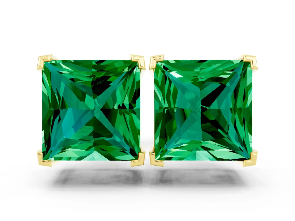 Princess Cut Emerald Stud Earrings Yellow gold