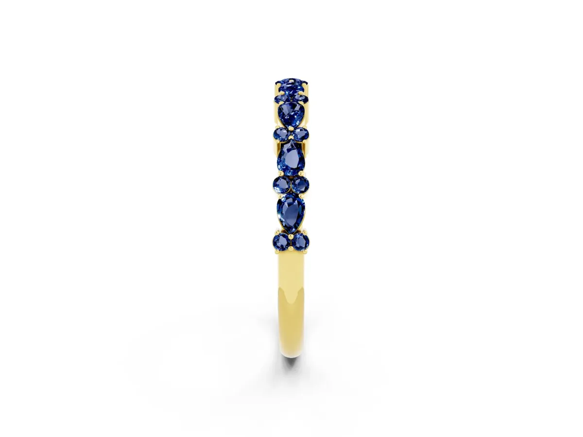 Pear and Round Blue Sapphire Wedding Band Yellow gold