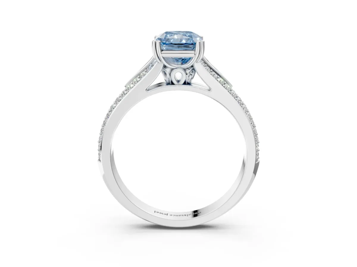 Fancy Blue Radiant Cut Diamond Split Shank Engagement Ring with Pavé Band Platinum
