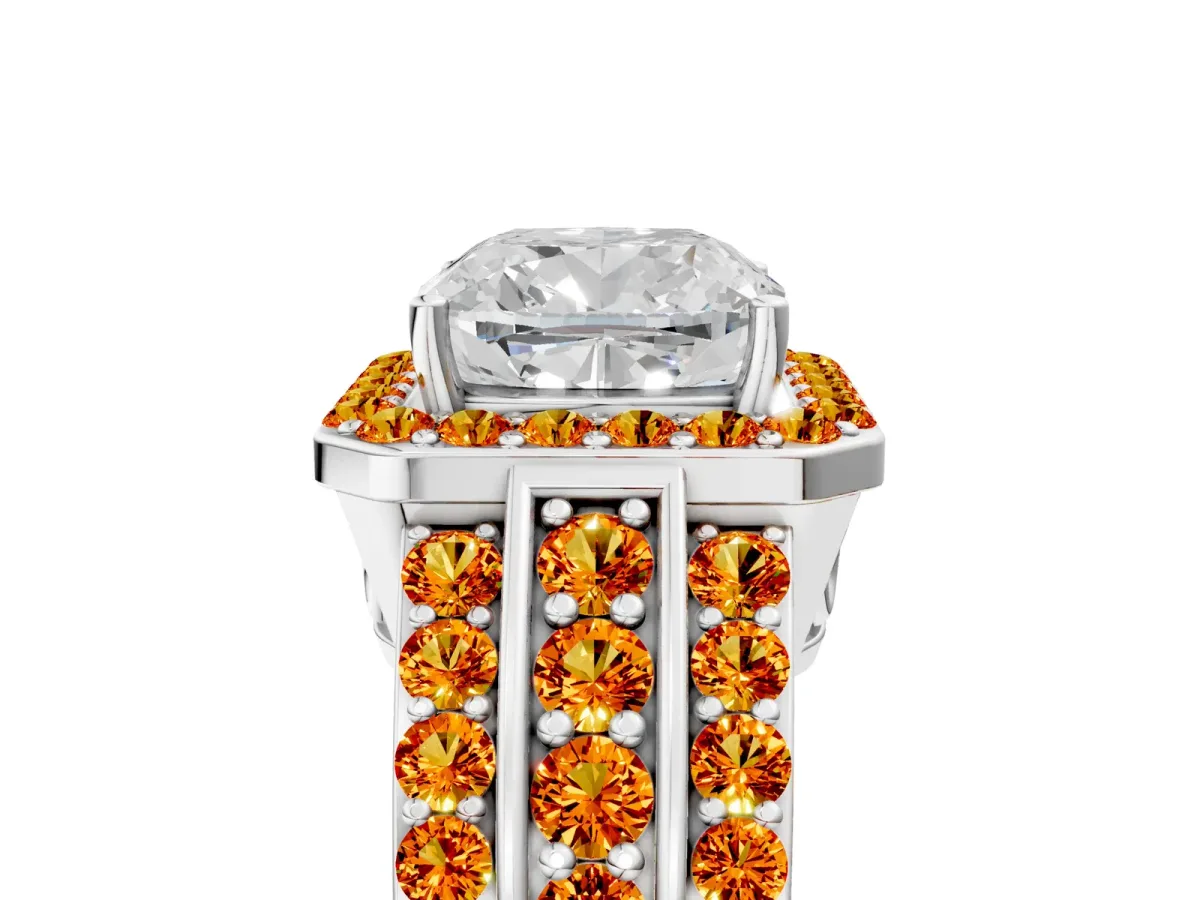 Cushion Cut Halo Diamond Ring with Round Citrine Split Shank and Prong Setting Platinum