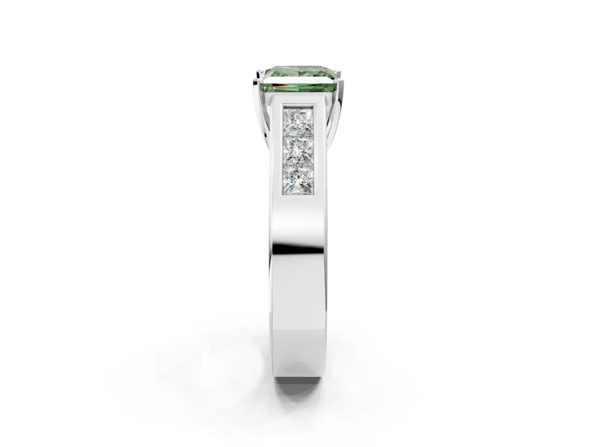 Fancy Green Princess Cut Cut Channel Set Solitaire Ring with Four-Prong Setting Silver
