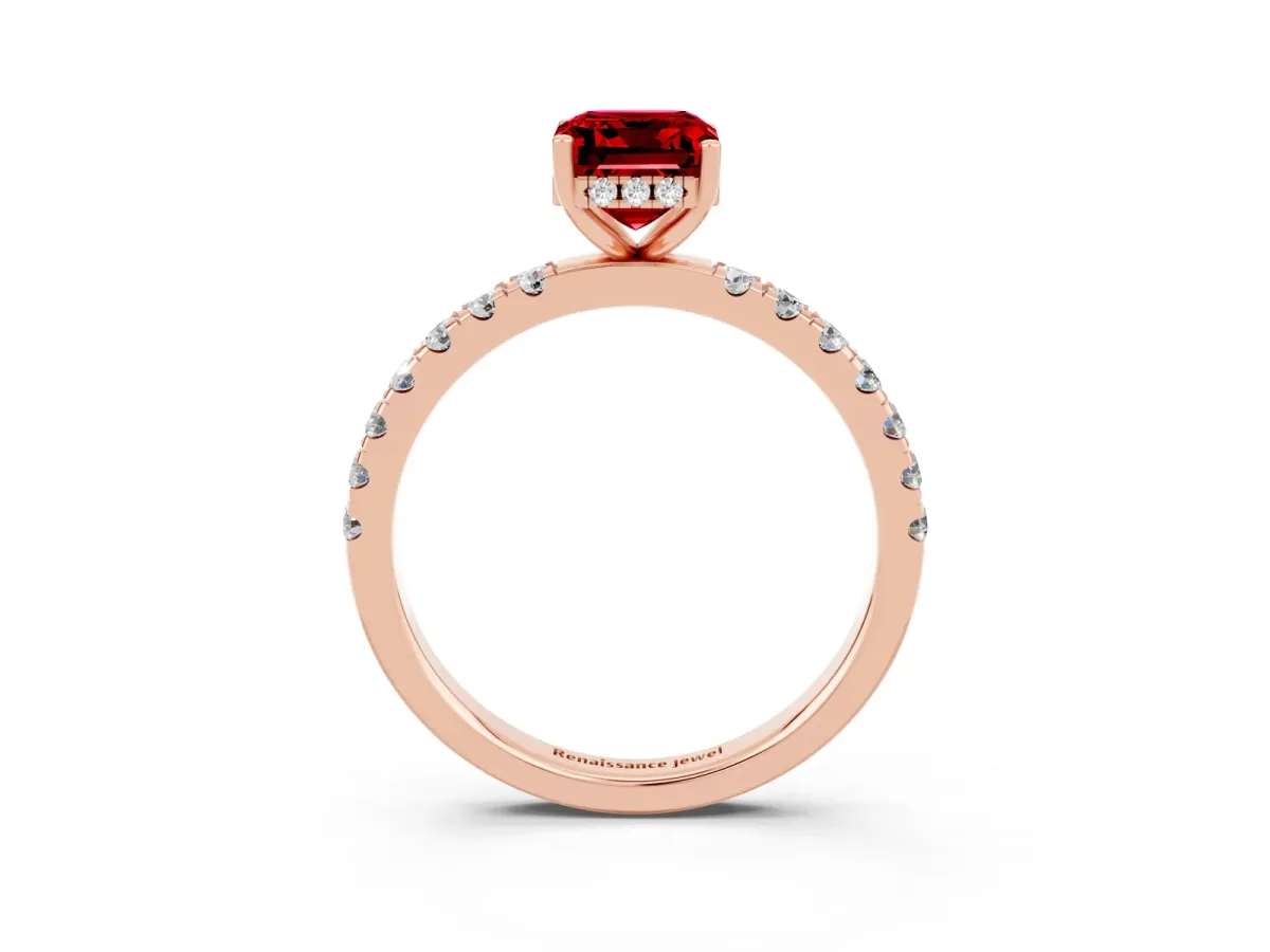 Emerald Cut Ruby Pave Band Solitaire Ring with Round and Prong Setting Rose gold