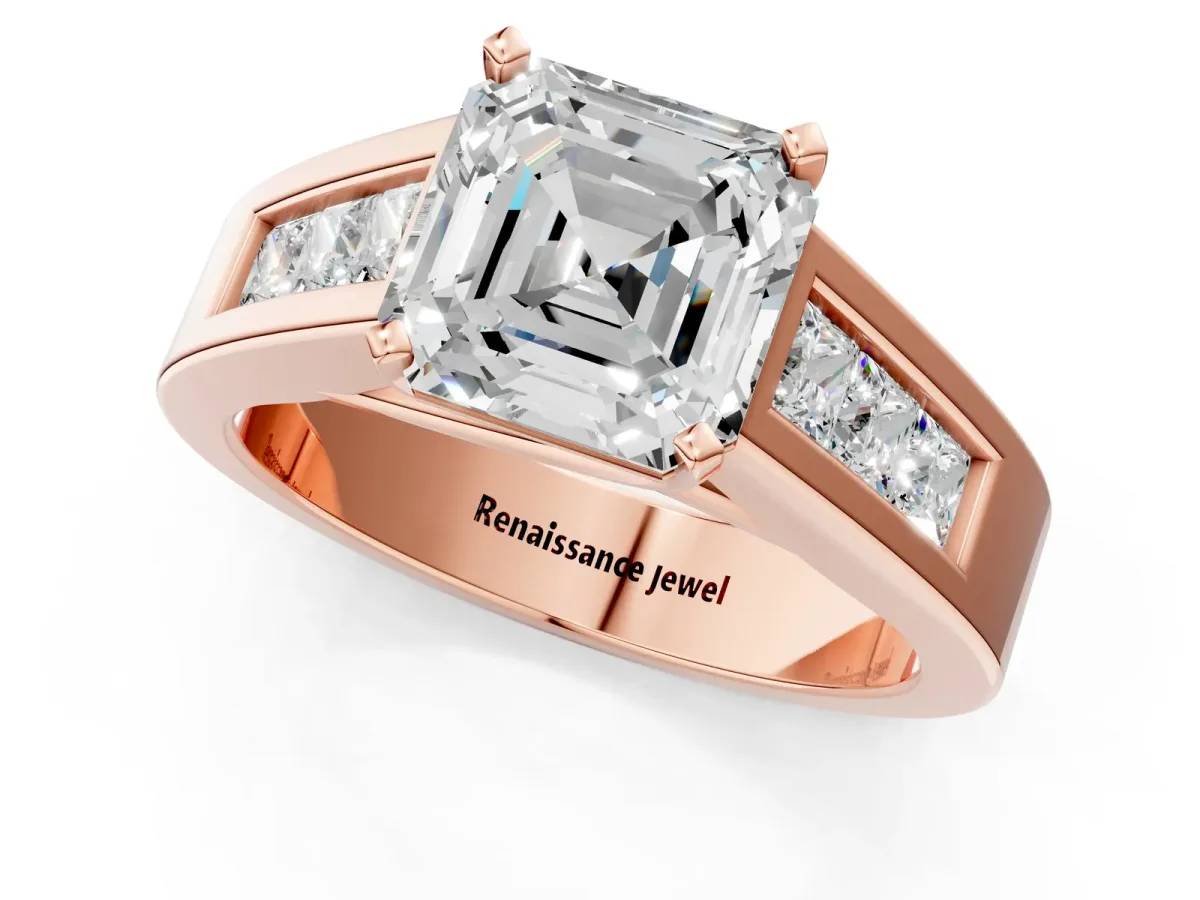 Asscher Cut Cut Channel Set Solitaire Ring with Four-Prong Setting Rose gold