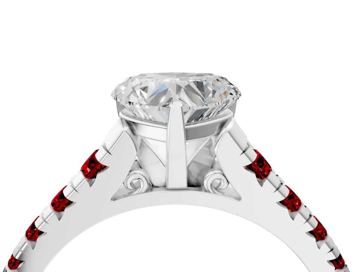 Heart Cut Diamond Cathedral Solitaire Ring with Round Ruby Pavé Band Platinum