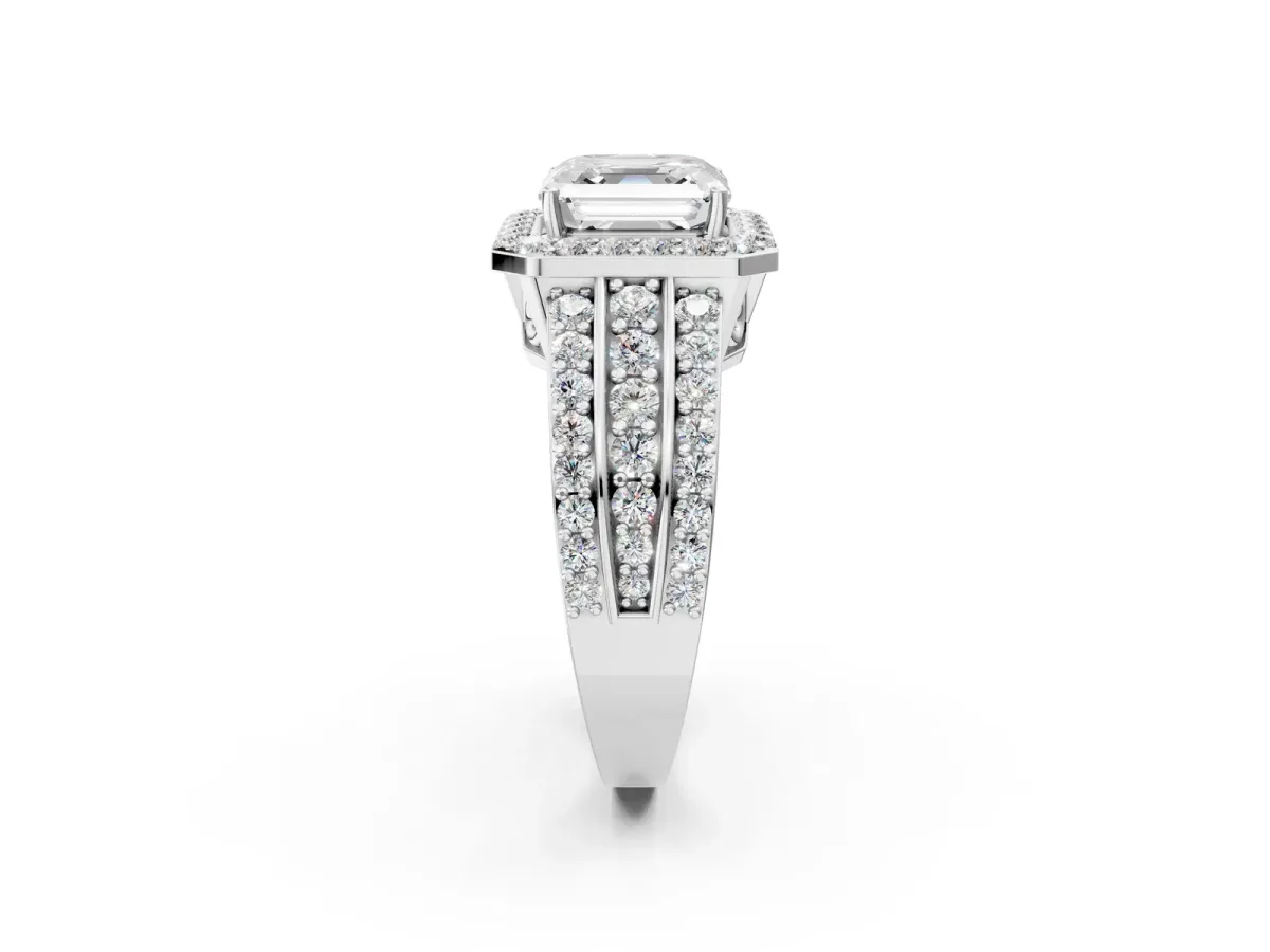 Asscher Cut Halo Diamond Ring with Round Split Shank and Prong Setting Platinum