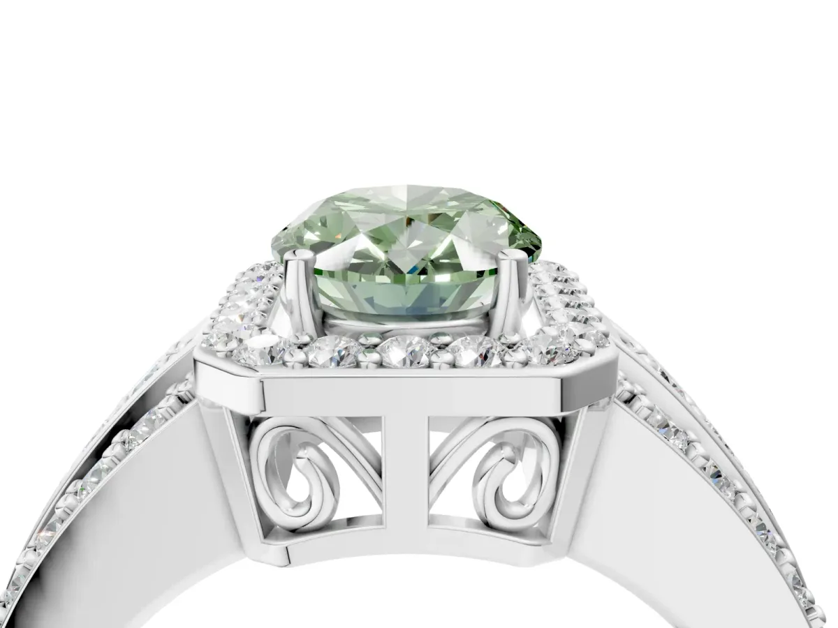 Fancy Green Oval Cut Halo Diamond Ring with Round Split Shank and Prong Setting Silver