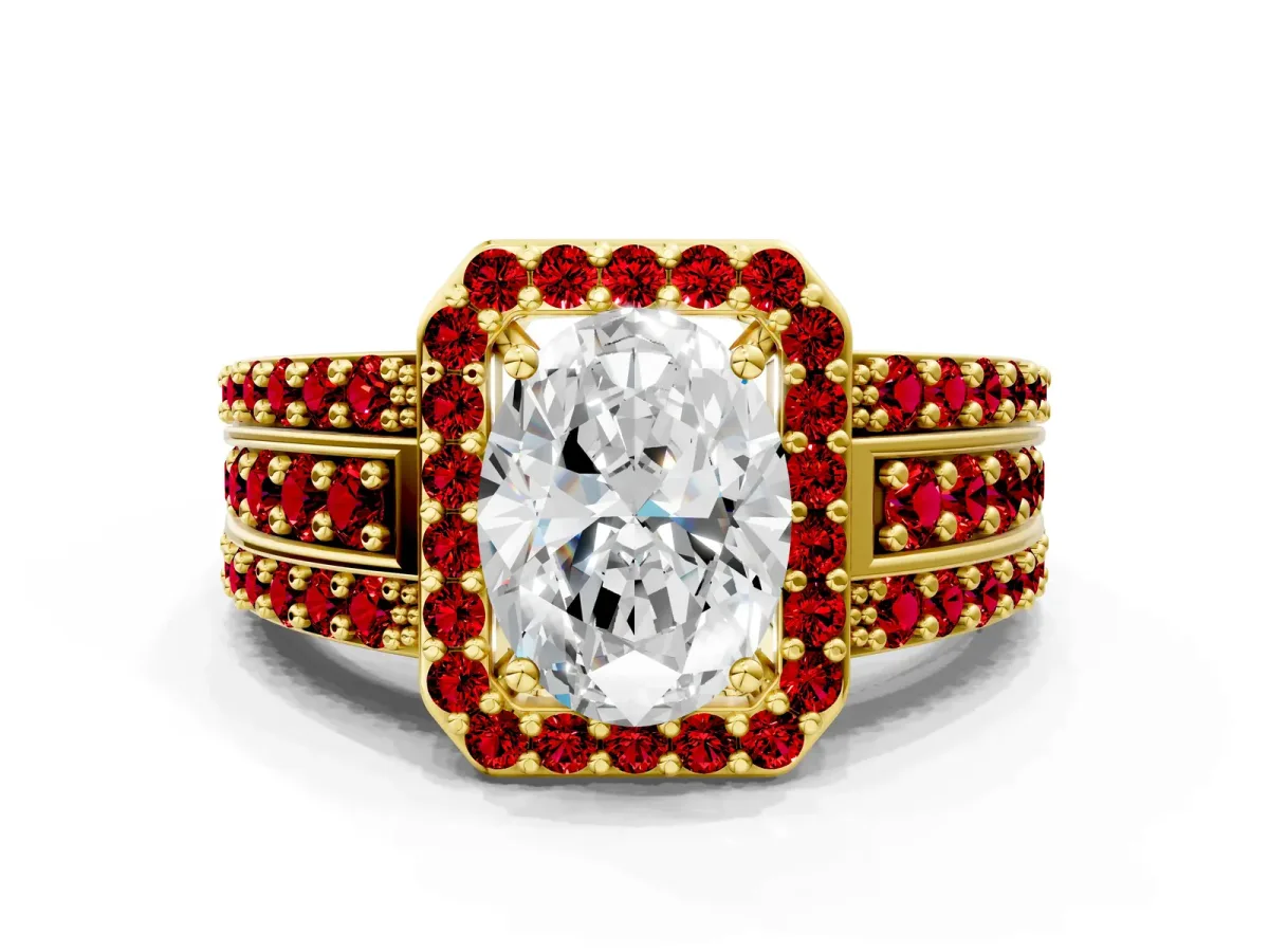 Oval Cut Halo Diamond Ring with Round Ruby Split Shank and Prong Setting Yellow gold