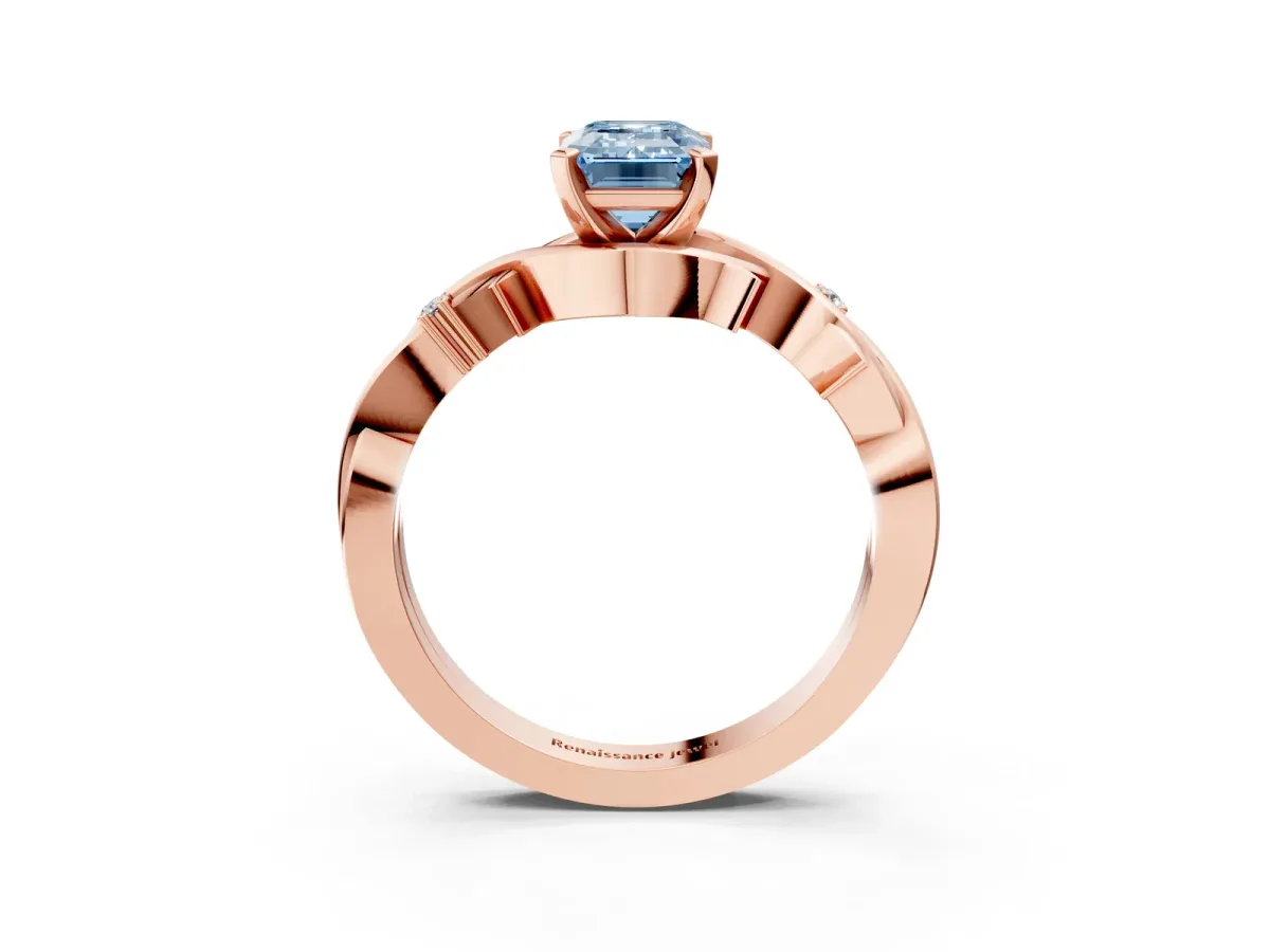 Fancy Blue Emerald Cut Diamond Solitaire Ring with Twisted Band and Prong Setting Rose gold