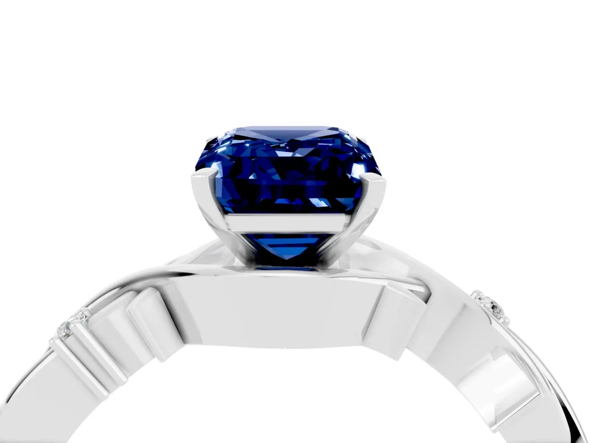 Emerald Cut Blue Sapphire Solitaire Ring with Twisted Band and Prong Setting Silver