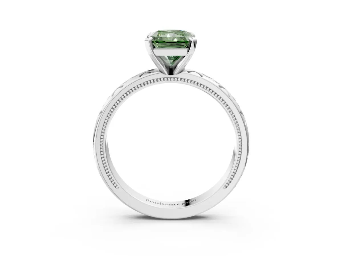 Fancy Green Radiant Cut Solitaire Engagement Ring with Scrollwork Band and Four-Prong Setting Platinum