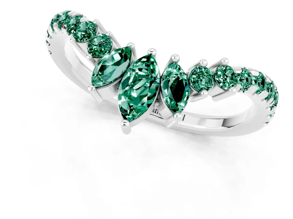 Chevron Marquise and Round Green Sapphire Open Band with Prong Setting Silver