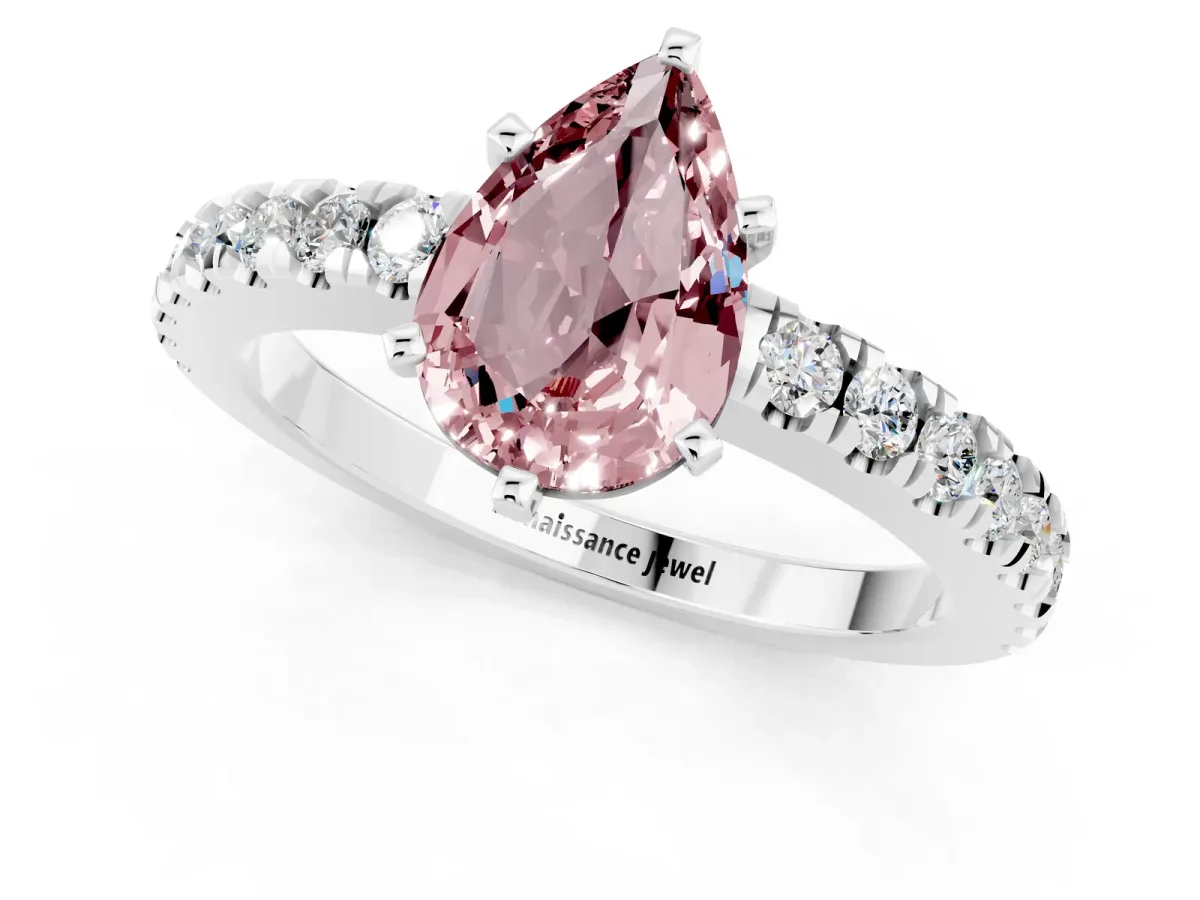 Pear Cut Solitaire Morganite with Pavé Band and Four-Prong Setting Silver