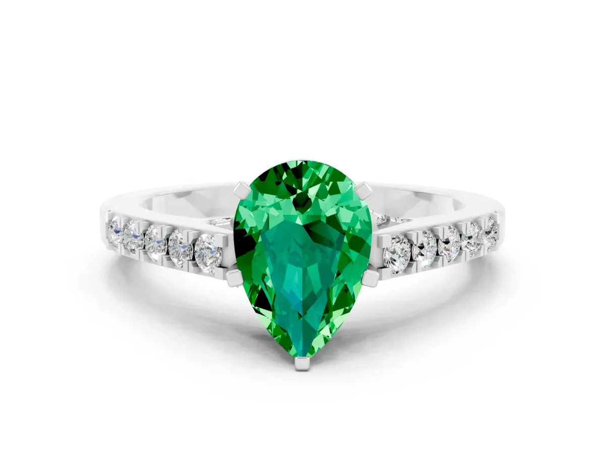 Pear Cut Emerald Solitaire Ring with Crossover Gallery and Round Pavé Band Silver
