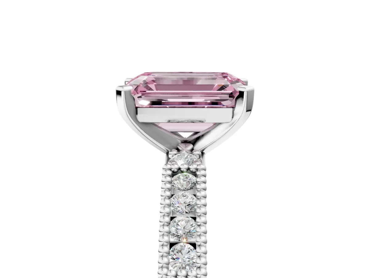Fancy Pink Emerald Cut Solitaire with Pavé Band and Four-Prong Setting Platinum