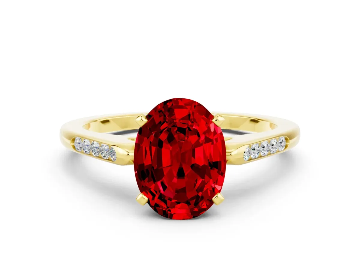 Oval Cut Ruby Solitaire Ring with Channel Set Round Band and Prong Setting Yellow gold