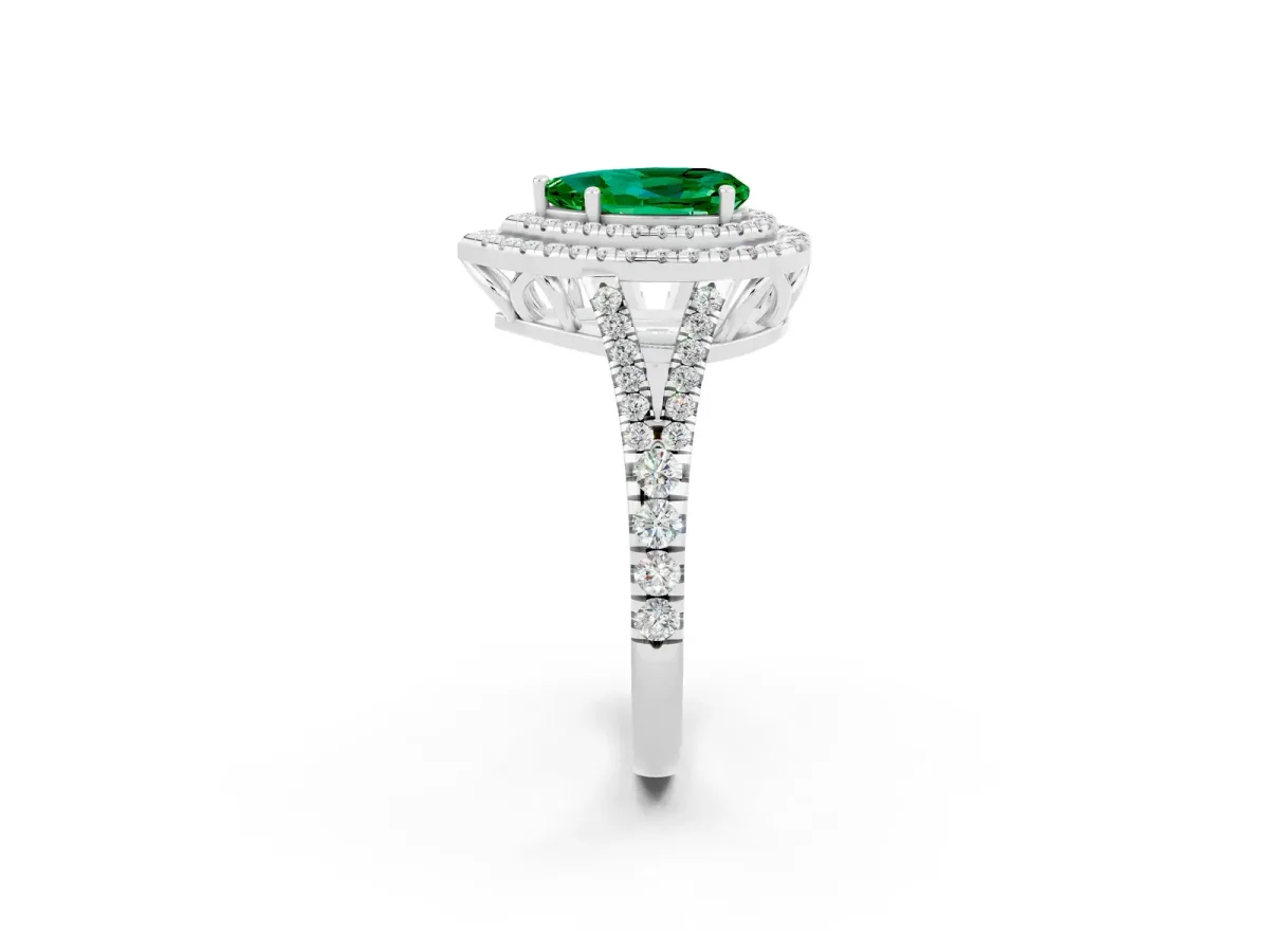 Pear Cut Emerald Double Halo Ring with Pavé Band and Prong Setting Silver