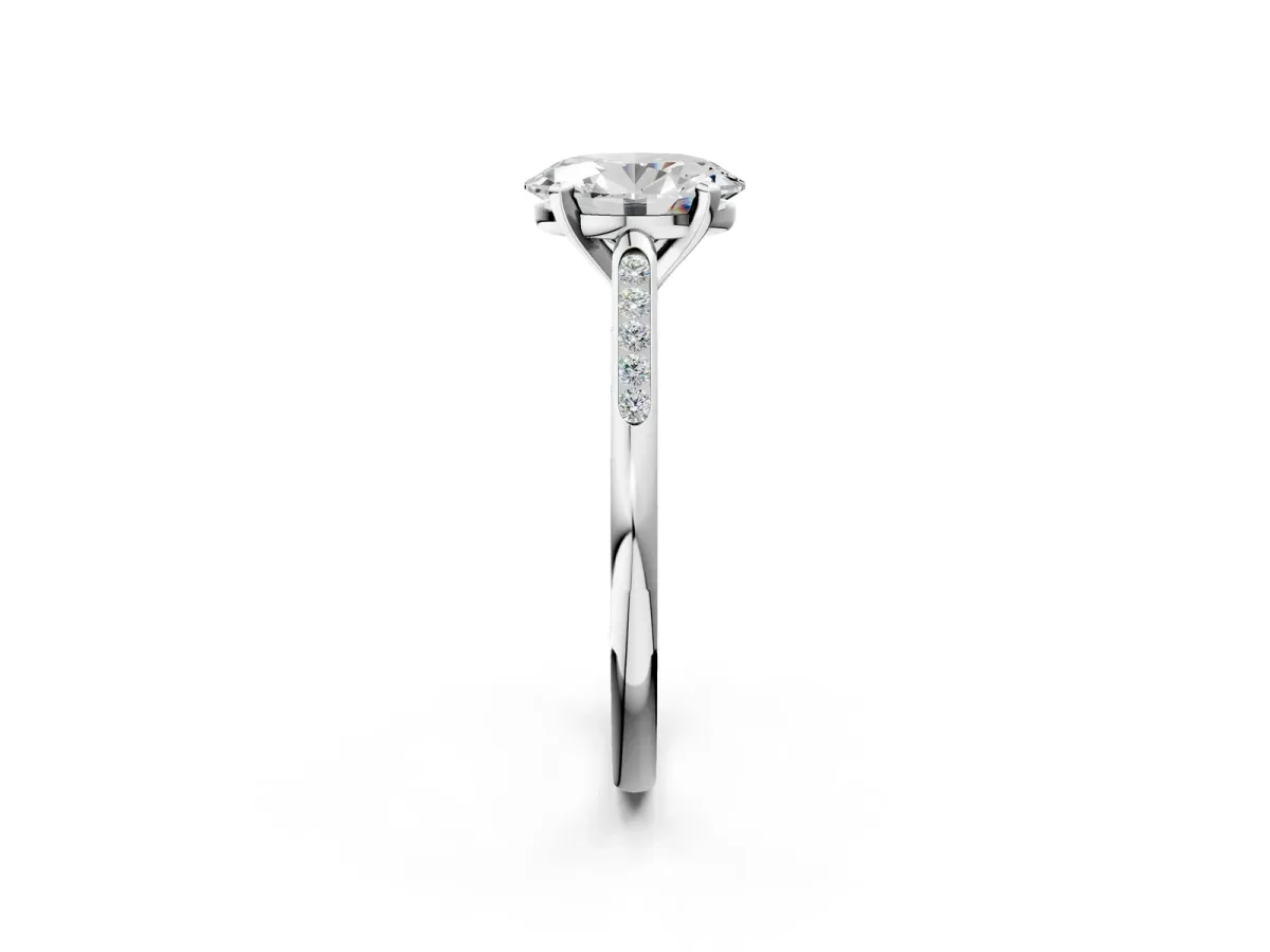 Oval Cut Diamond Solitaire Ring with Channel Set Round Band and Prong Setting Silver