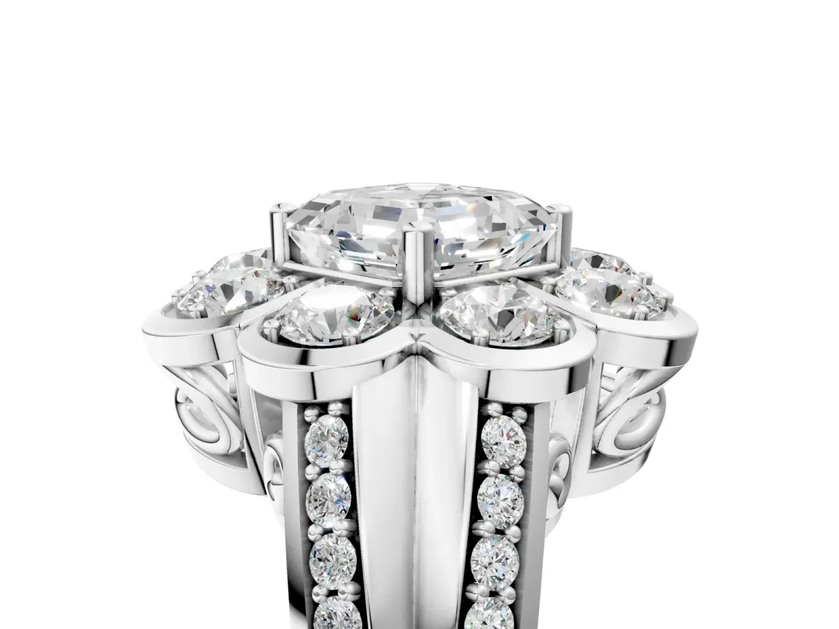 Asscher Cut Brilliant Flower Halo Diamond Split Shank Ring Platinum