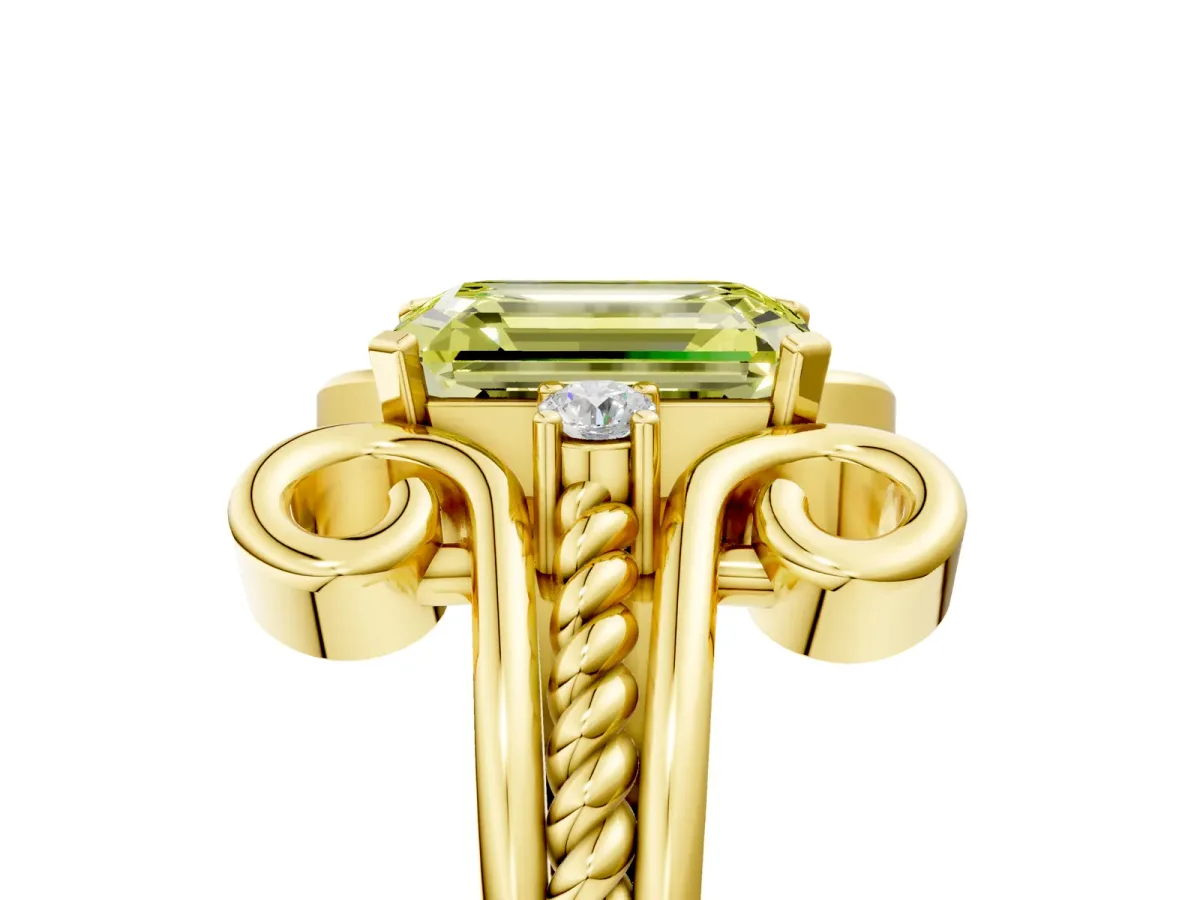 Fancy Yellow Emerald Cut Solitaire Twisted Band Scroll Prong Ring Yellow gold