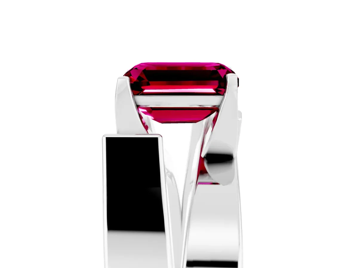Modern Tension Set Emerald Cut Garnet Solitaire Wide Band Ring Platinum
