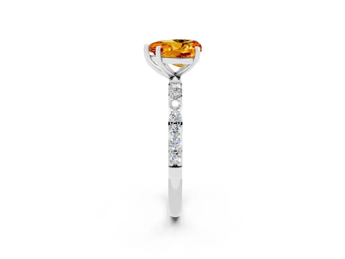Heart Cut Citrine Solitaire Ring with Round Pavé Band and Prong Setting Silver