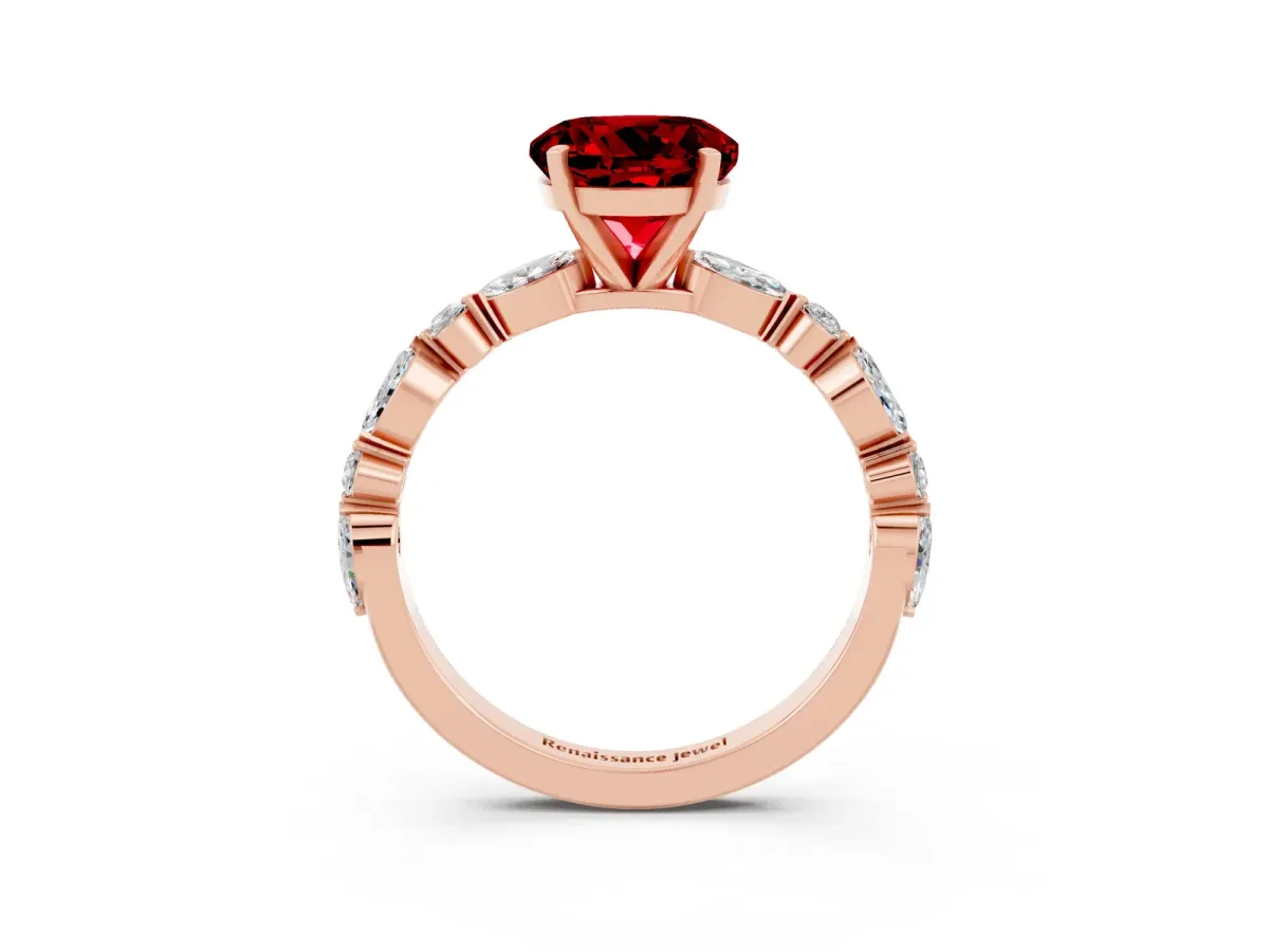 Round Cut Ruby Ring with Marquise and Round Side Stones and Four-Prong Setting Rose gold
