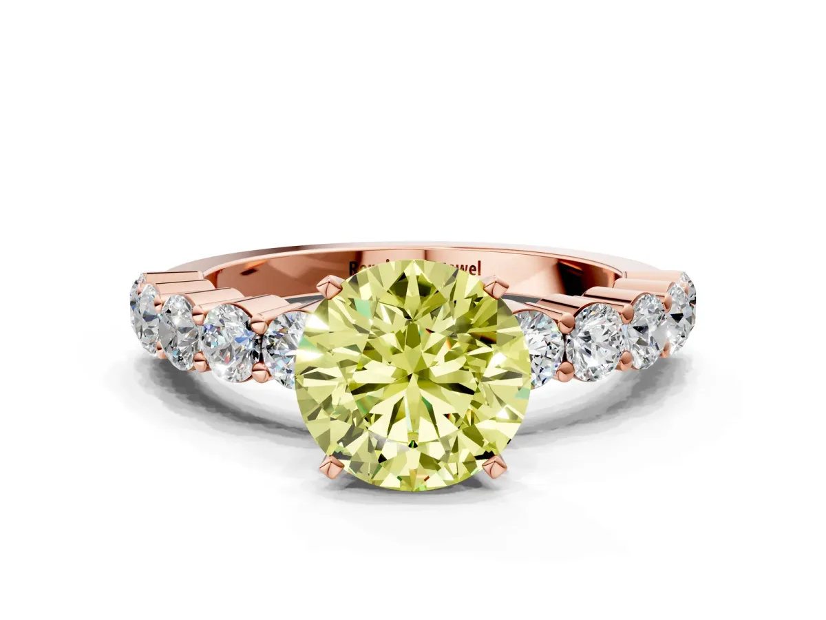 Fancy Yellow Round Cut Diamond Solitaire Ring with Shared Prong Round Side Stones Rose gold