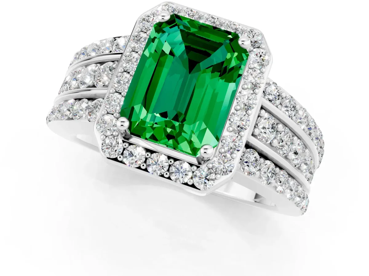 Emerald Cut Halo Emerald Ring with Round Split Shank and Prong Setting White gold