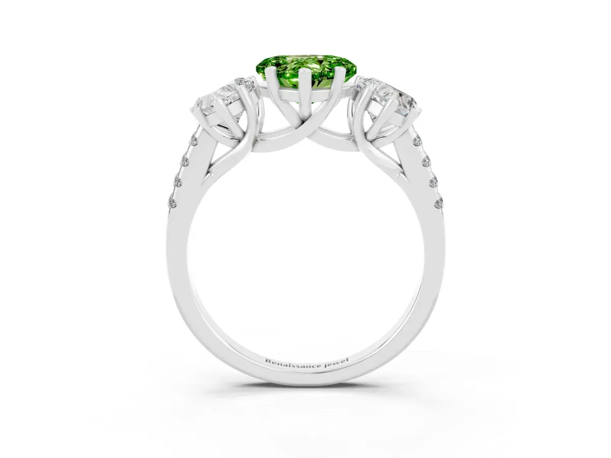 Three-Stone Heart Cut Peridot Ring with Round Pavé Band and Prong Setting Platinum