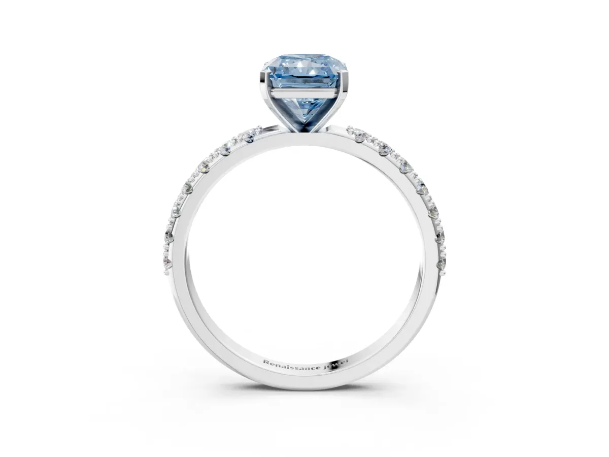 Fancy Blue Radiant Cut Diamond Solitaire Pavé Band with Four-Prong Setting Platinum