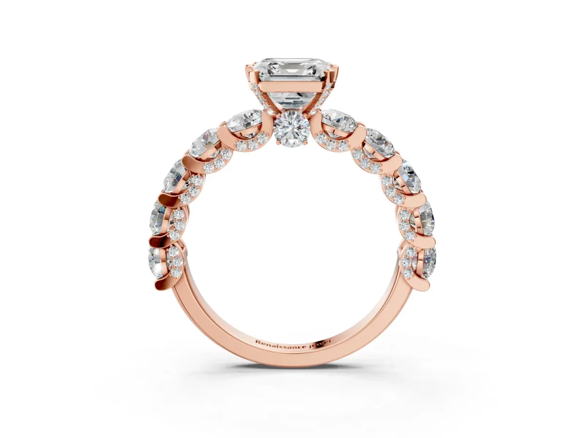 Asscher Cut Diamond Side Stone Engagement Ring with Four-Prong Setting Rose gold