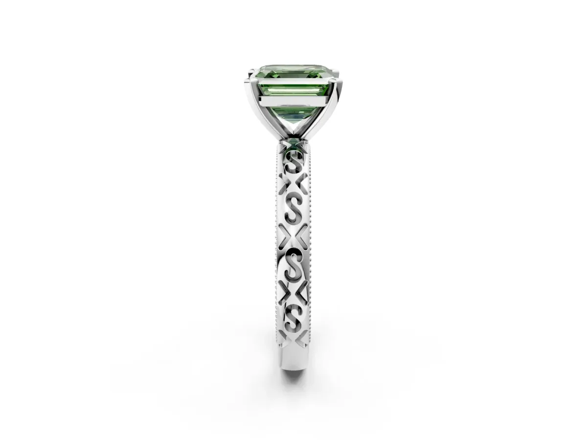 Fancy Green Asscher Cut Solitaire Engagement Ring with Scrollwork Band and Four-Prong Setting Platinum