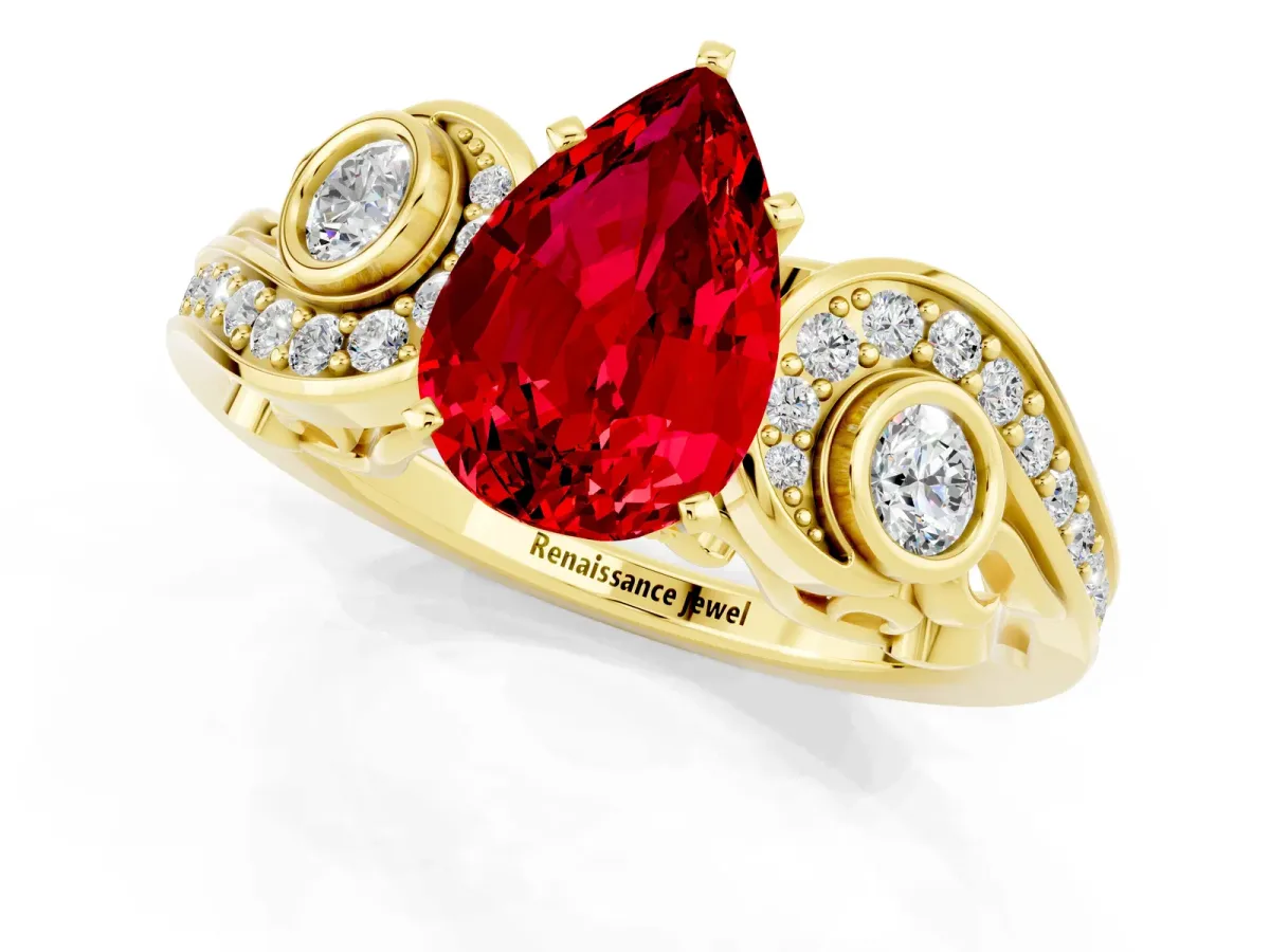 Pear Cut Ruby Solitaire Ring with Milgrain Pavé Band and Four-Prong Setting Yellow gold
