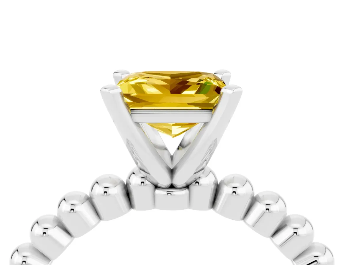 Princess Cut Yellow Sapphire Solitaire Ring with Beaded Band and Prong Setting Silver