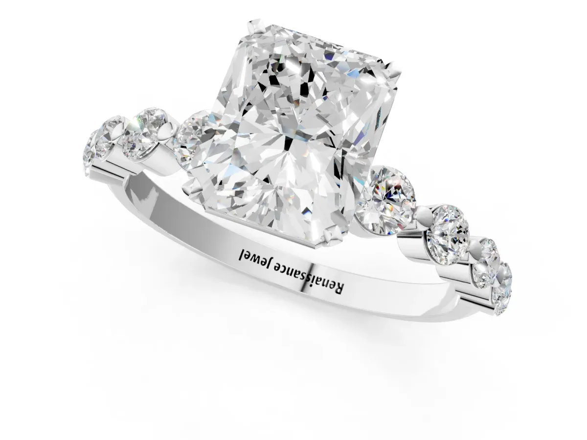 Radiant Cut Solitaire Diamond Ring with Pave Band and Four-Prong Setting Platinum
