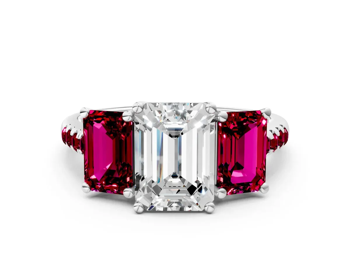 Three-Stone Emerald Cut Diamond Ring with Round Garnet Pavé Band and Prong Setting Platinum