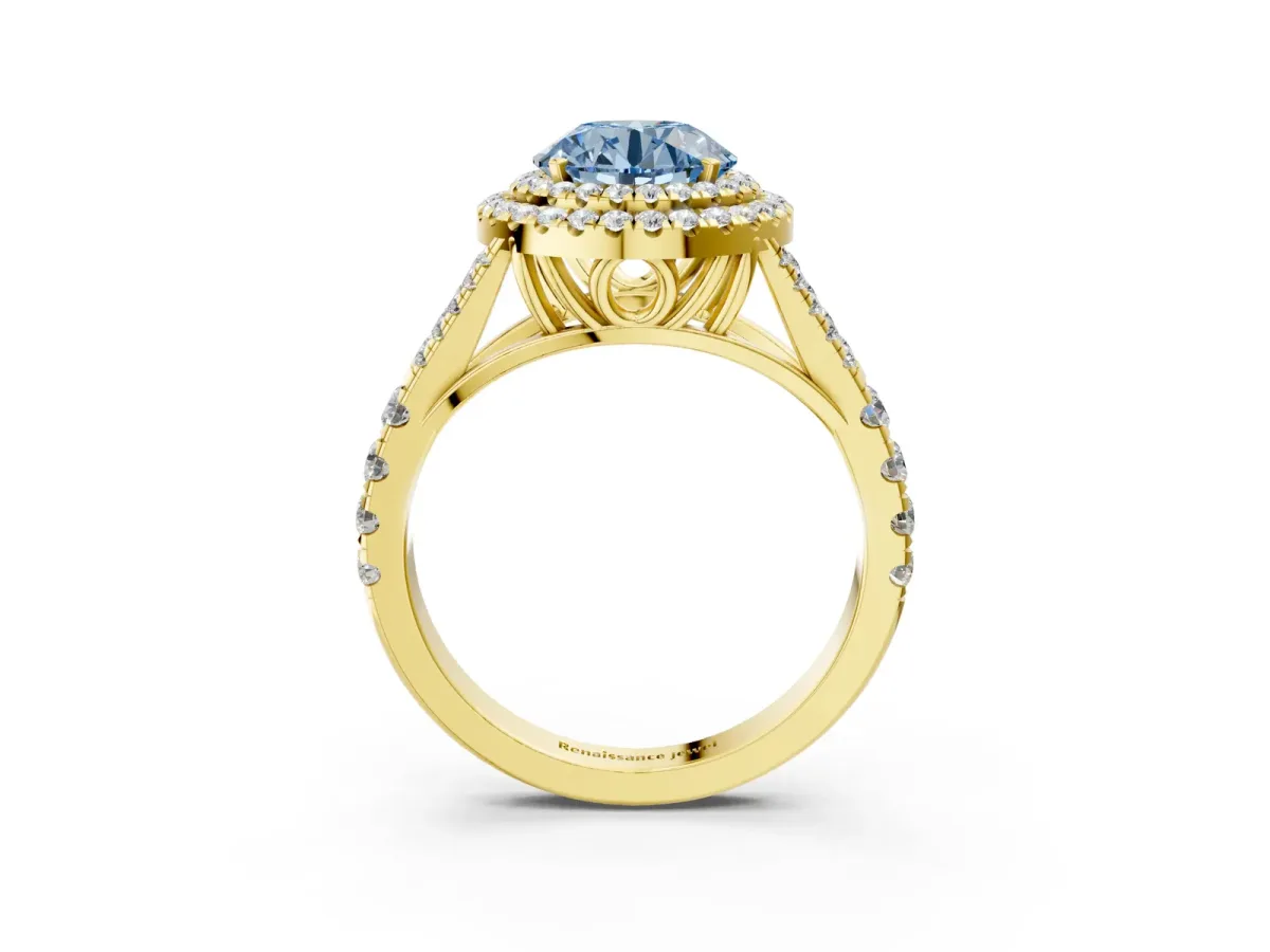 Fancy Blue Round Cut Diamond Double Halo Ring with Split Shank and Prong Setting Yellow gold