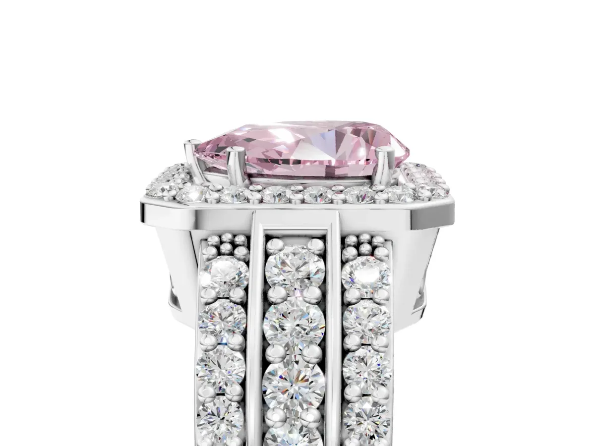 Fancy Pink Pear Cut Halo Diamond Ring with Round Split Shank and Prong Setting Silver
