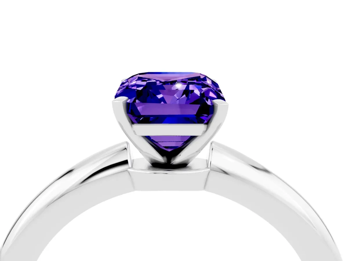 Emerald Cut Tanzanite Solitaire Ring with Six-Prong Setting and Classic Band Platinum