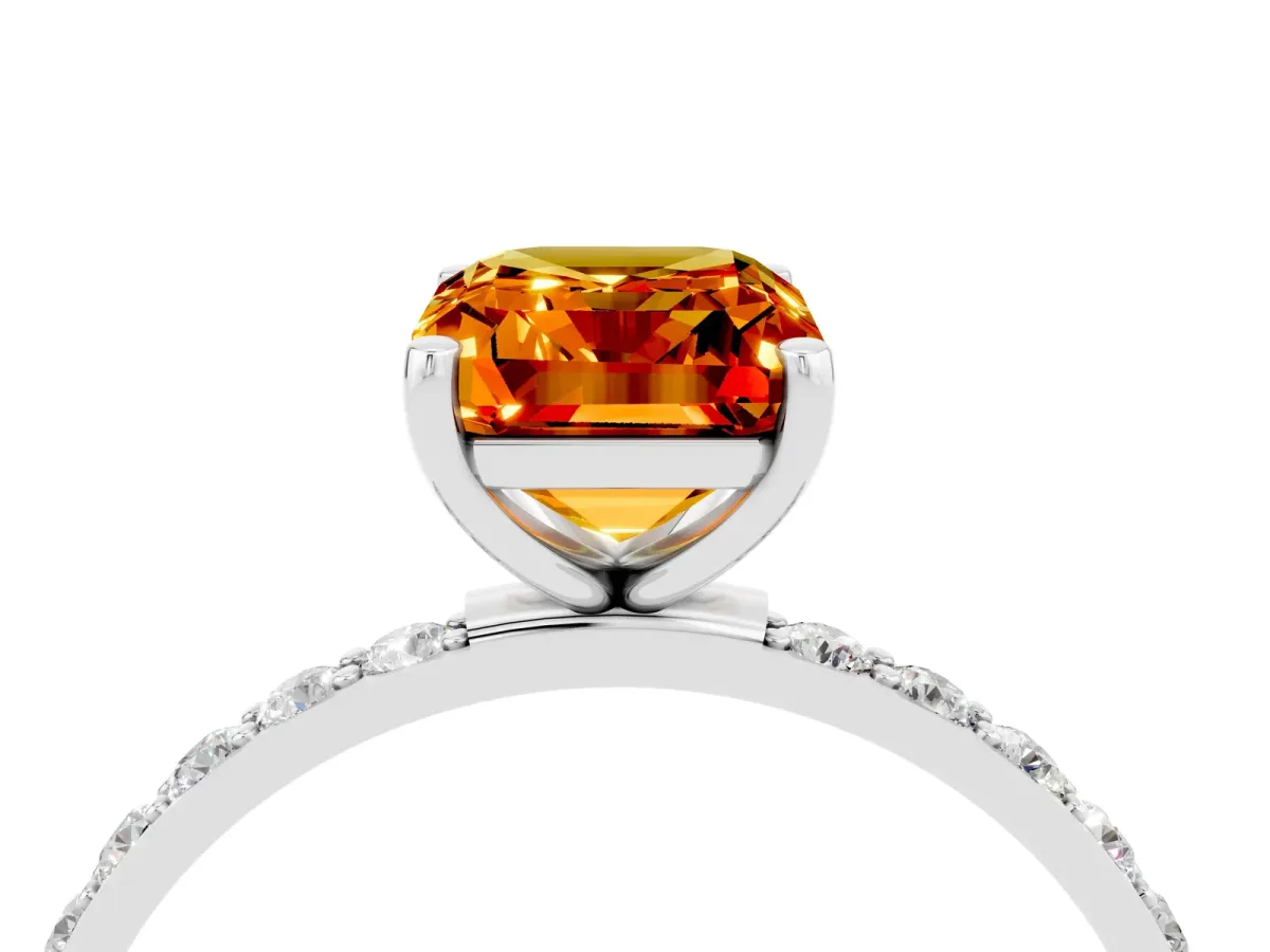 Emerald Cut Citrine Solitaire Ring with Round Pavé Band and Prong Setting Platinum