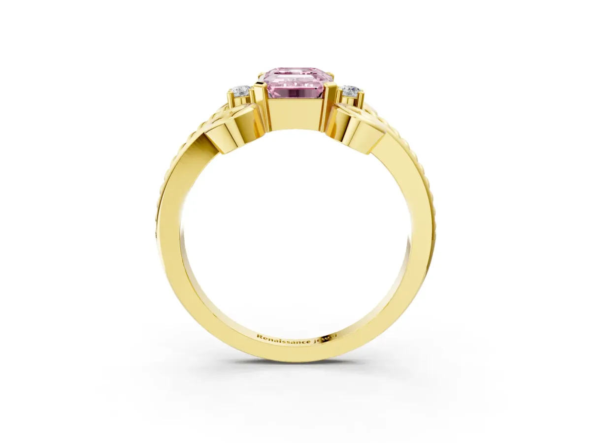 Fancy Pink Emerald Cut Solitaire Twisted Band Scroll Prong Ring Yellow gold