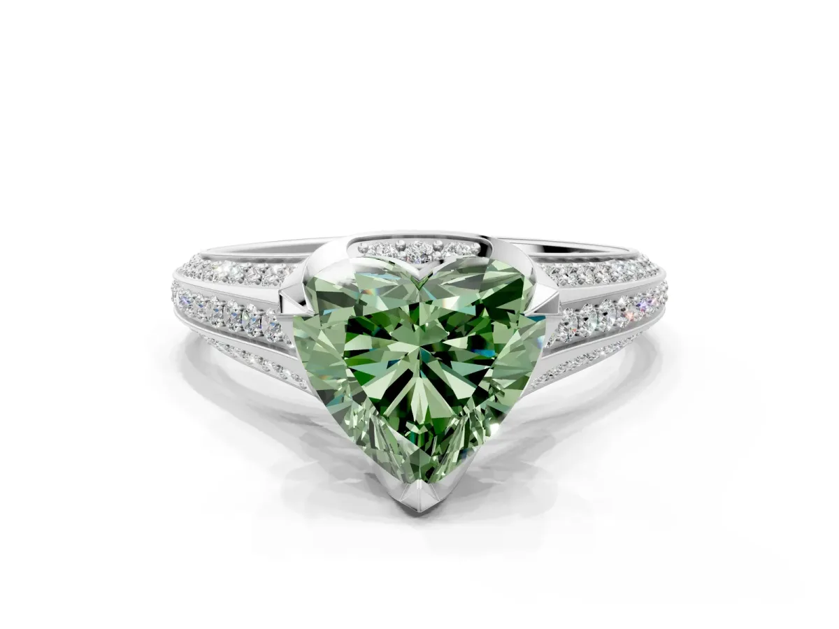 Fancy Green Heart Cut Solitaire Pave Split Shank Ring with Four-Prong Setting Platinum