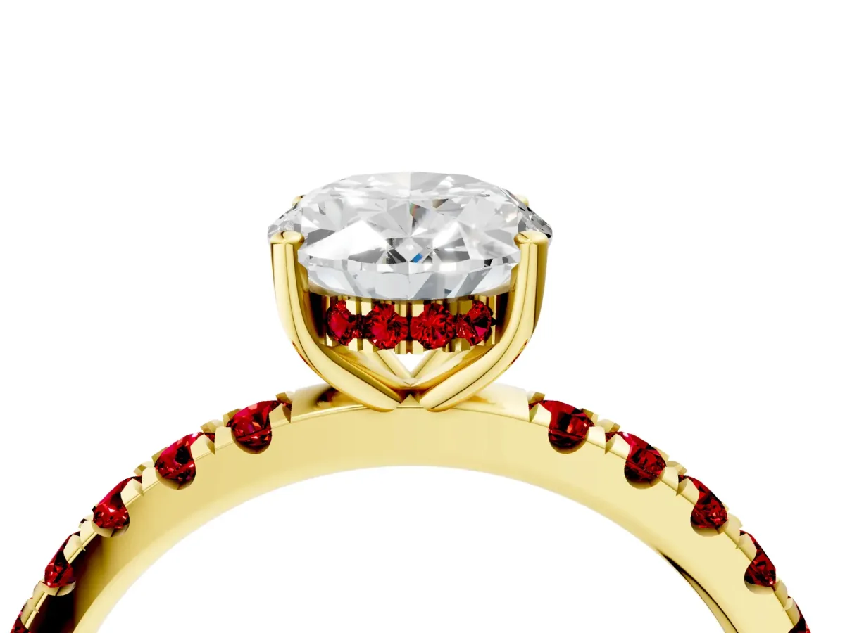 Oval Cut Diamond Pave Band Solitaire Ring with Round Ruby and Prong Setting Yellow gold