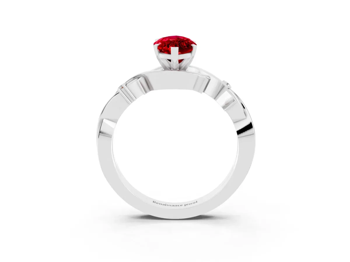 Marquise Cut Ruby Solitaire Ring with Milgrain Pavé Band and Four-Prong Setting Silver