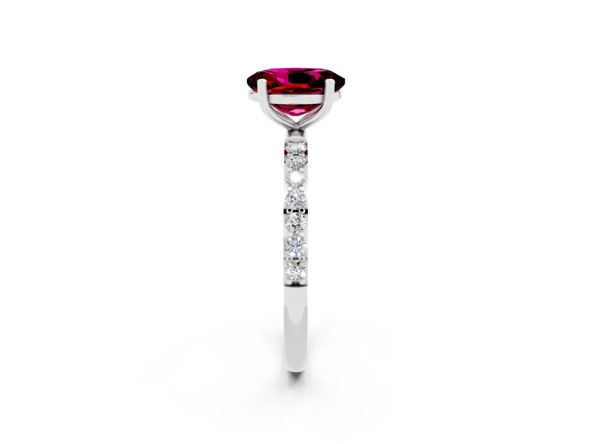 Oval Cut Garnet Solitaire Ring with Round Pavé Band and Prong Setting Platinum