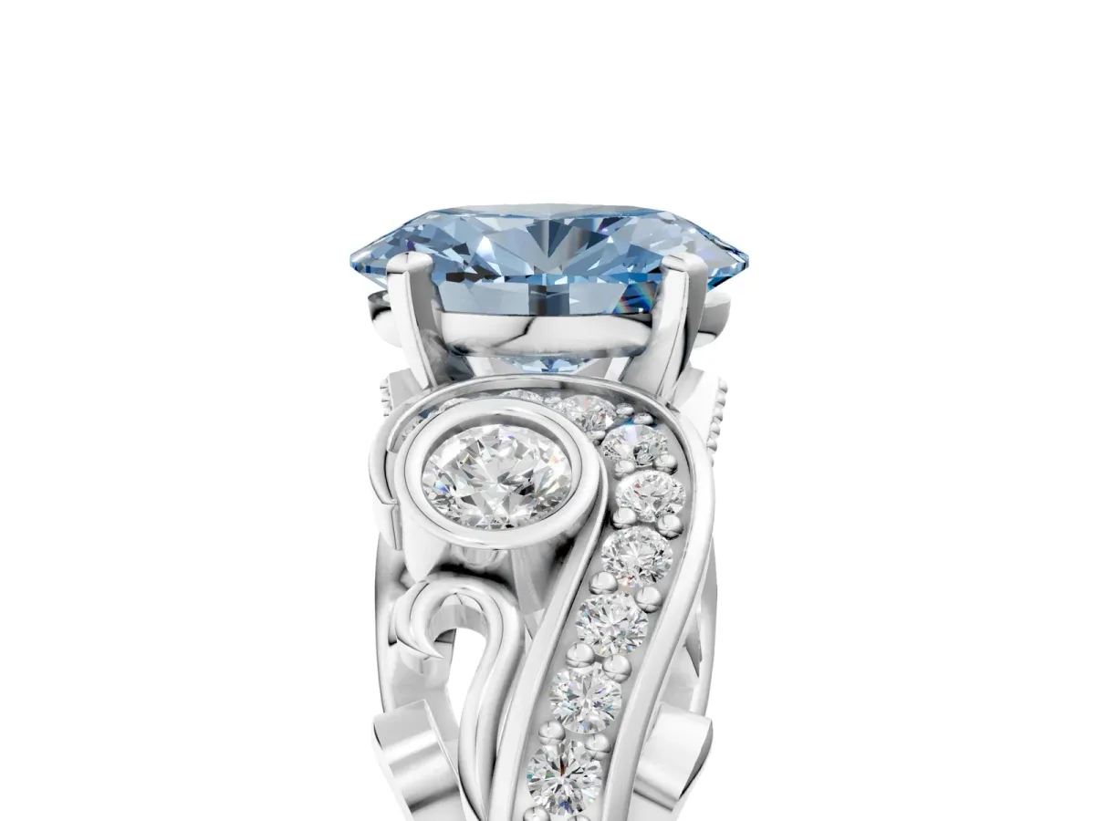 Fancy Blue Oval Cut Diamond Solitaire Ring with Milgrain Pavé Band and Four-Prong Setting Silver