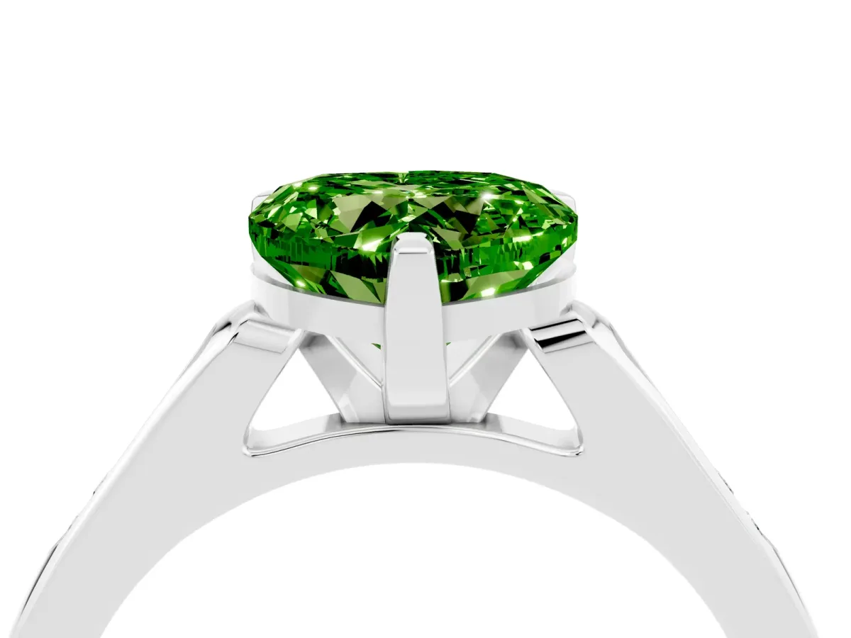 Heart Cut Peridot Solitaire Ring with Channel Set Round Band and Prong Setting Silver