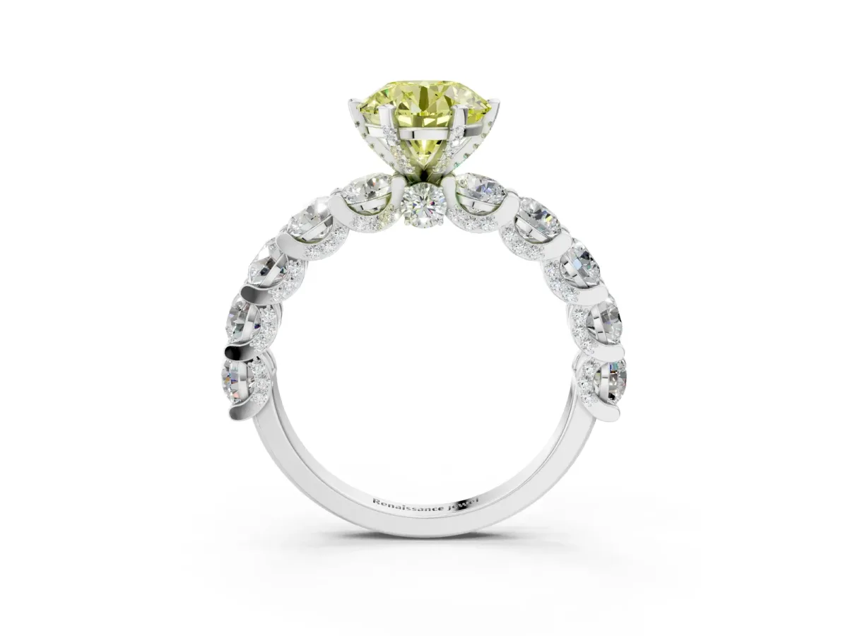 Fancy Yellow Round Cut Diamond Side Stone Engagement Ring with Four-Prong Setting White gold