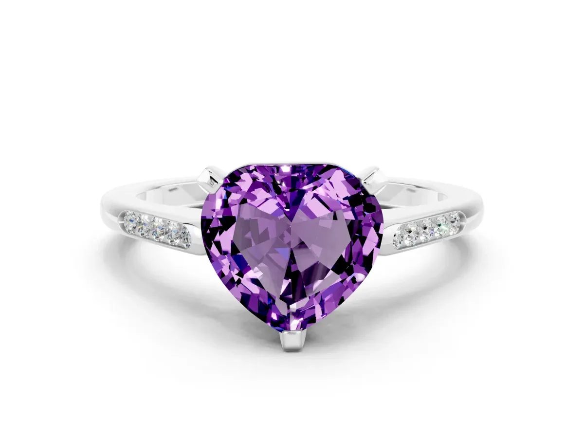 Heart Cut Amethyst Solitaire Ring with Channel Set Round Band and Prong Setting Silver